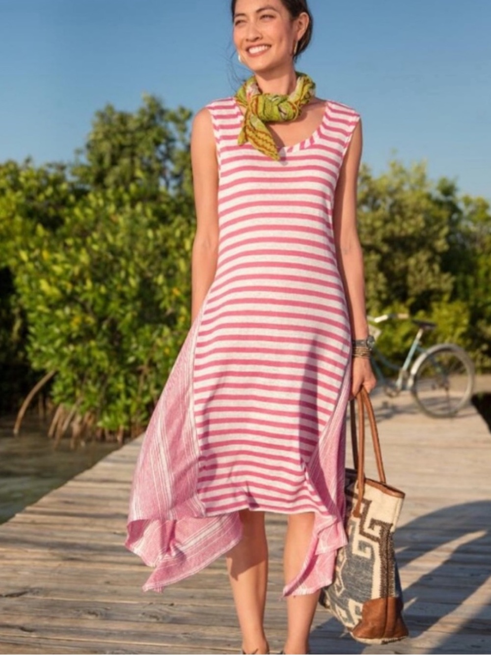 Sundance $168 Linen Pink Mix Striped Handkerchief Hem Calpurnia Dress, size XL